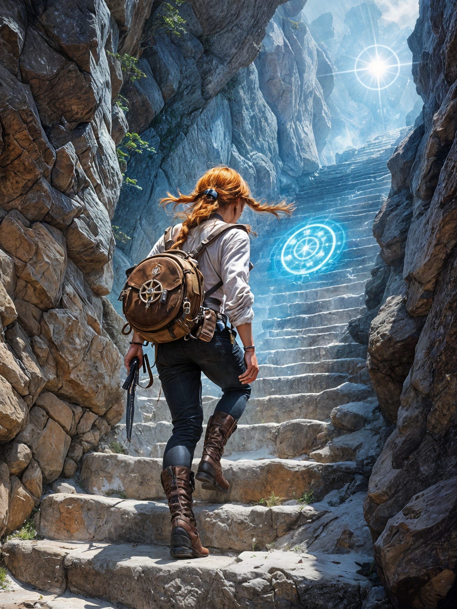 Ginger Adventuress Climbing Runestone Steps in Fantasy Illus...