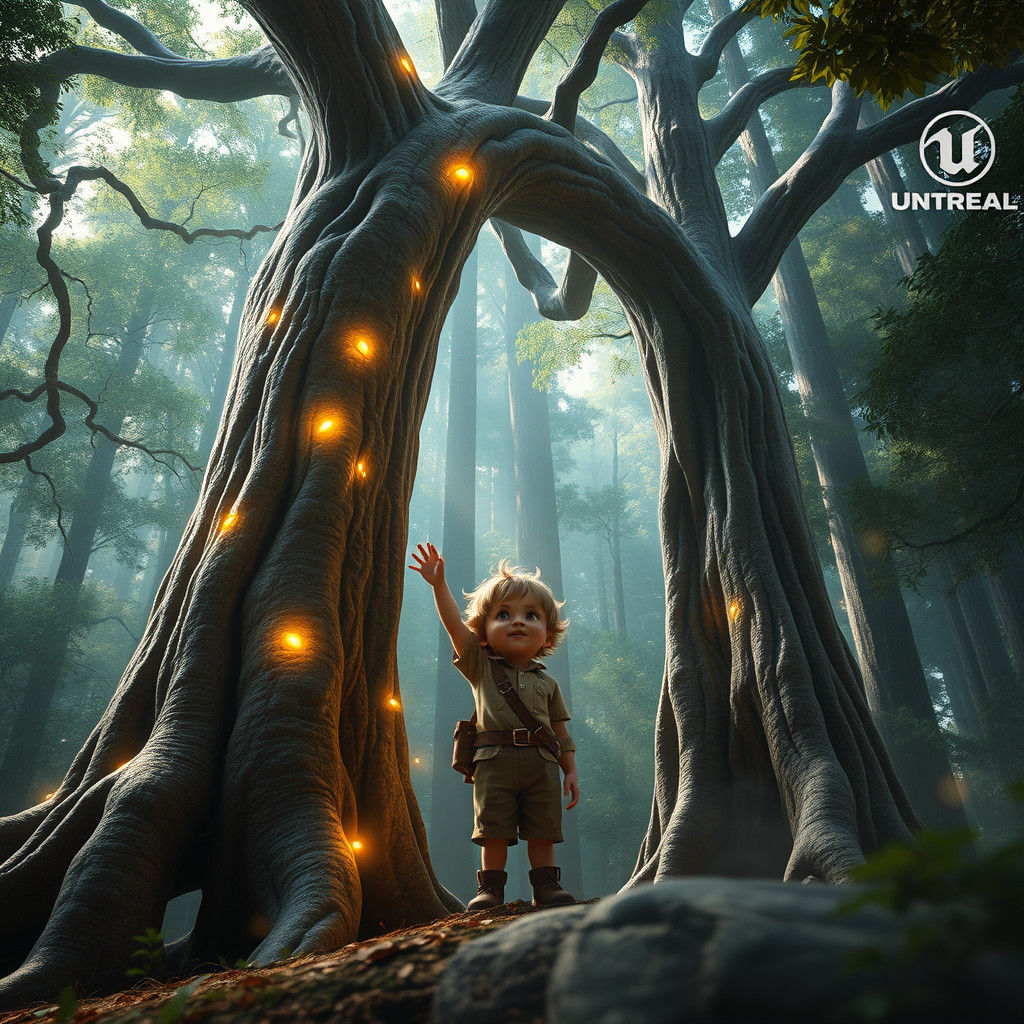 Child Explorer in Enchanted Forest with Ancient Tree