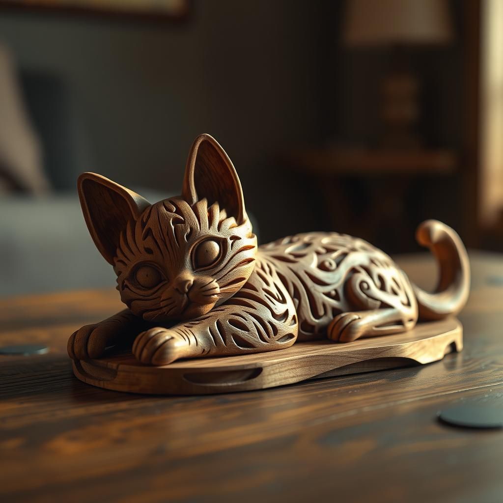 Carved Wooden Kitten Fantasy Concept Art