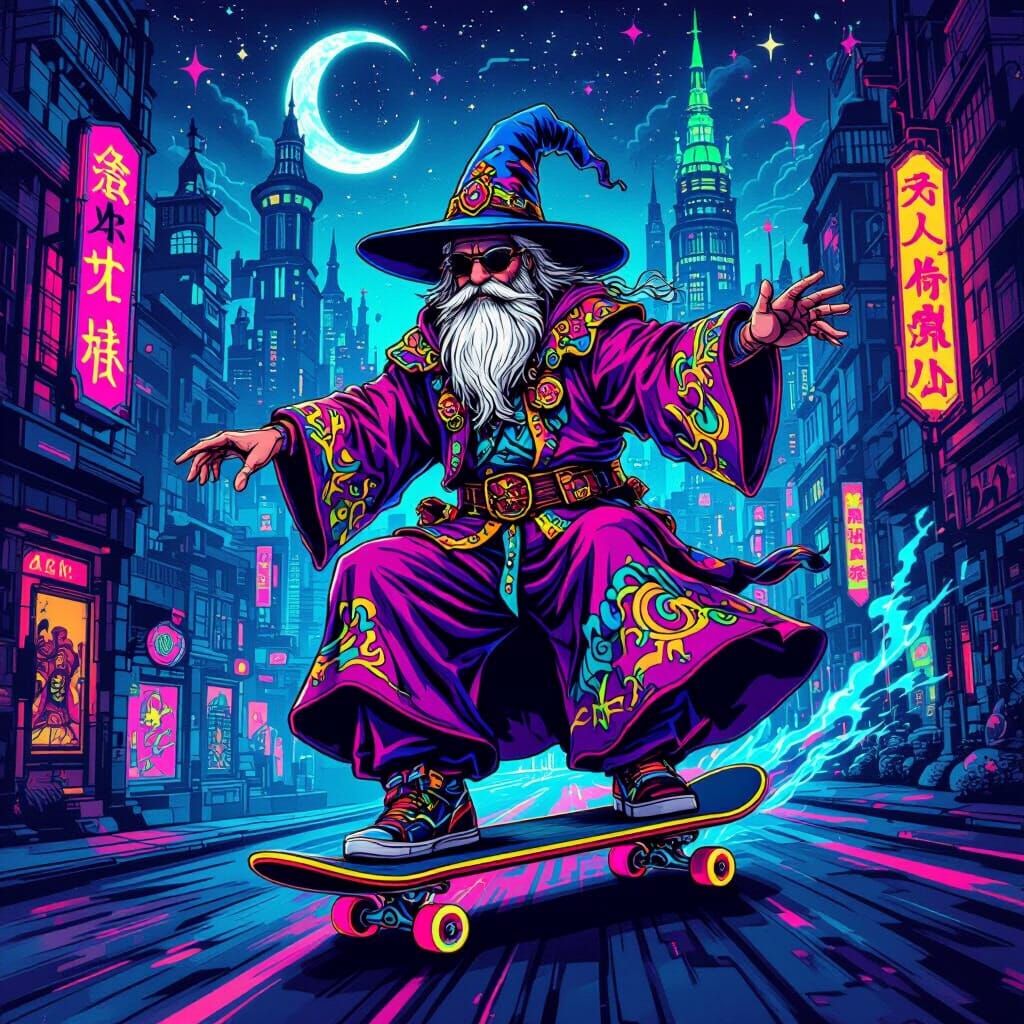 Wizard Skateboarder in New School Tattoo Style