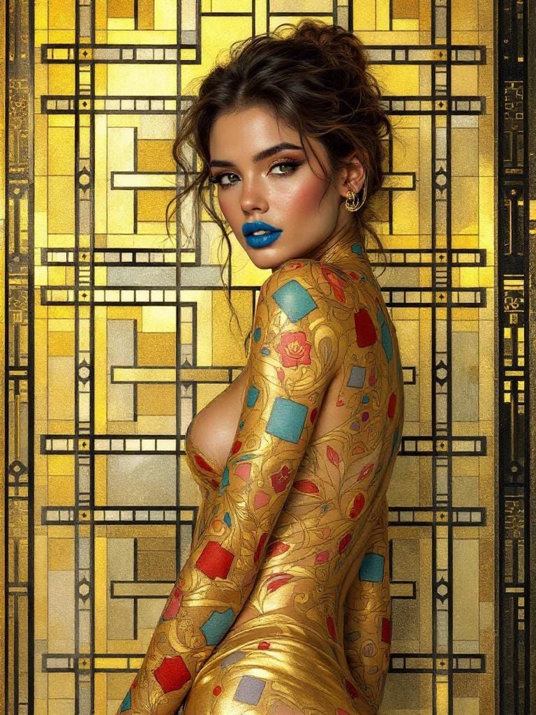 Woman in Gold Skirt: Art Nouveau Fusion