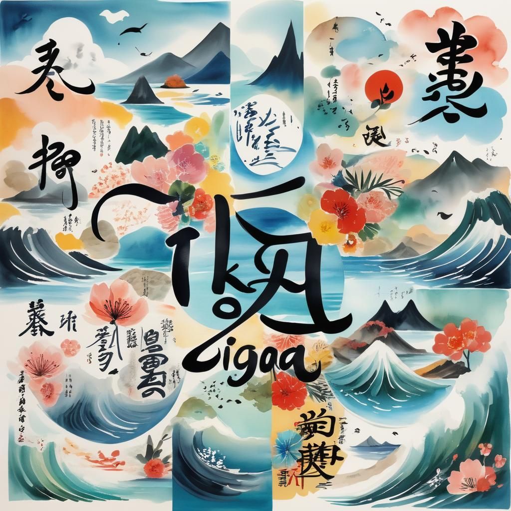 Ikigai Calligraphy: Expressionist Collage Seascape