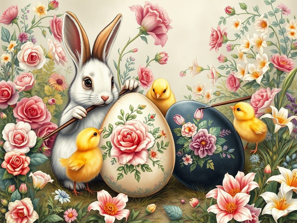 Whimsical Easter: Bunnies Painting Eggs in Fairy Garden