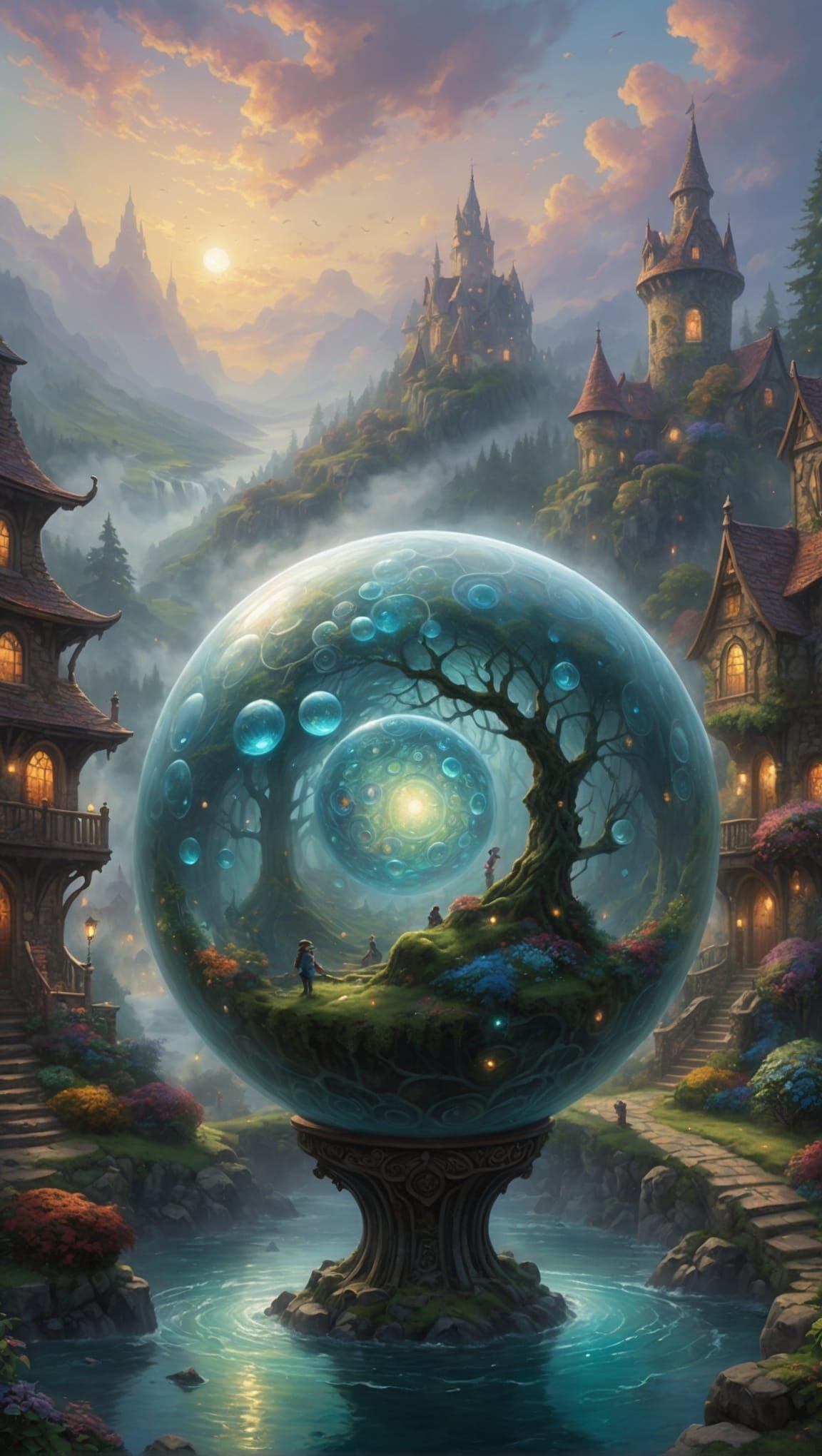 Ethereal Sphere of Eyes in Fantasy Landscape