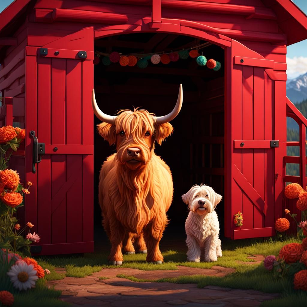 Mini Highland Cow and Bernedoodle Cartoon