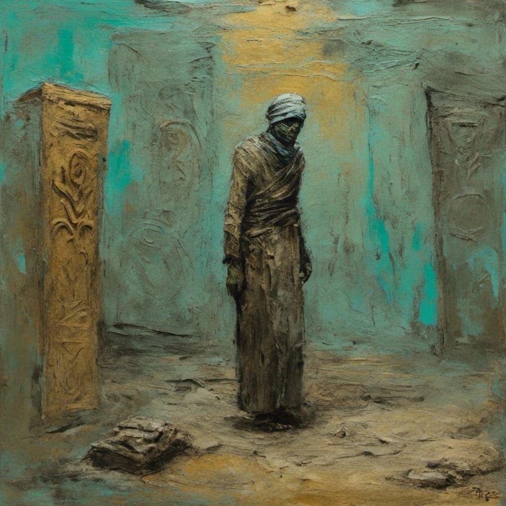 Egyptian Tomb: Neo-Expressionist Oil Painting with Impasto