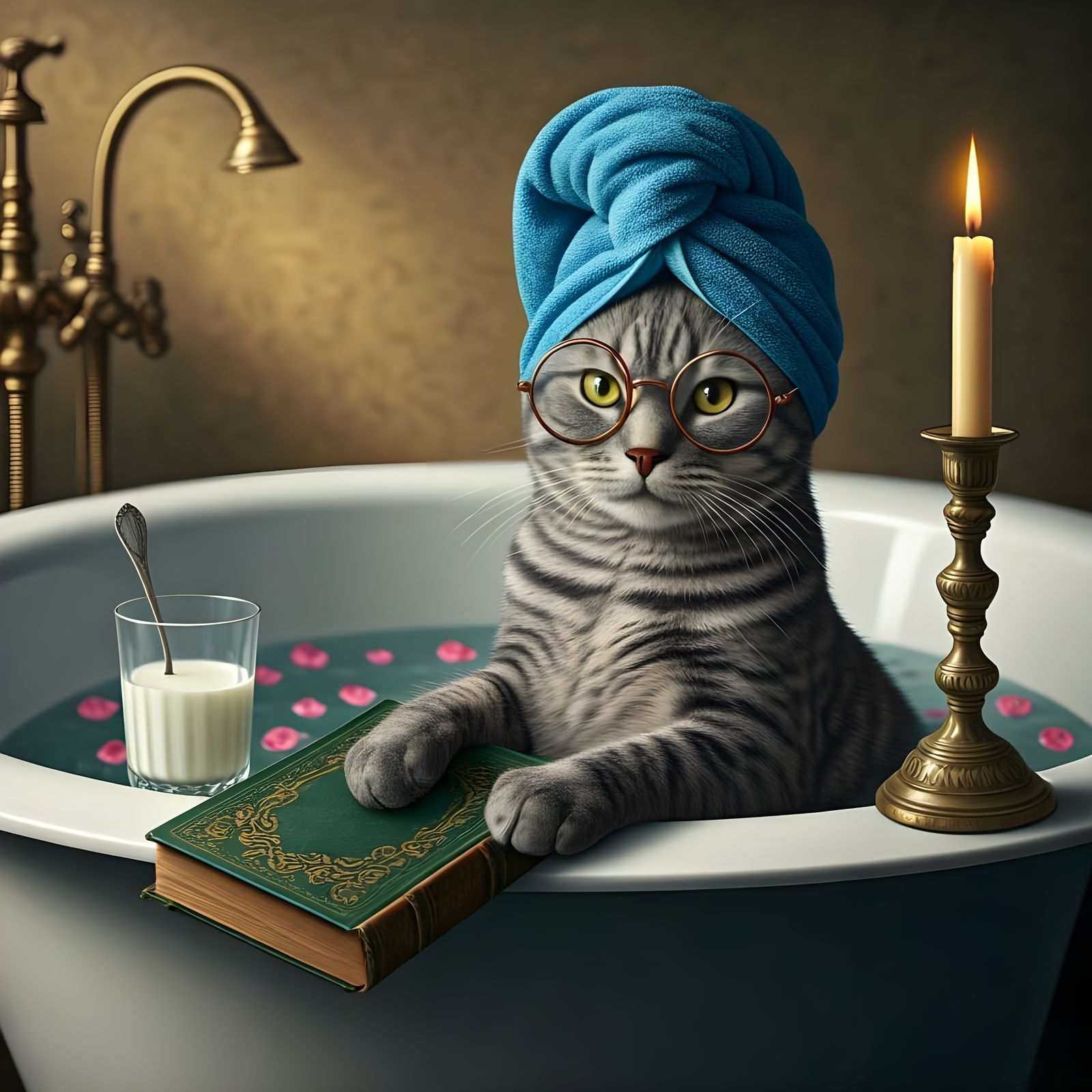 Grey Tabby Cat in Luxurious Bath Time Scene