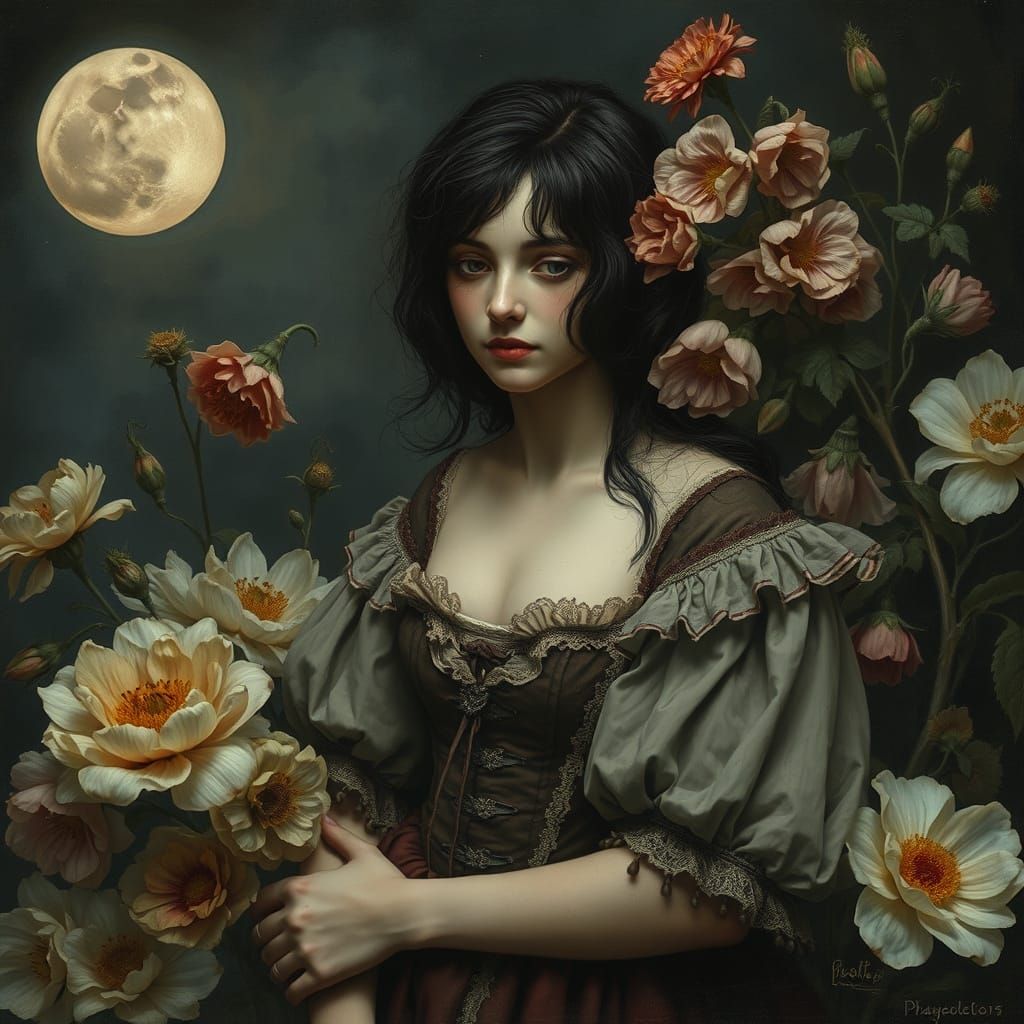 Melancholic Ophelia Surrounded by Symbolic Flowers