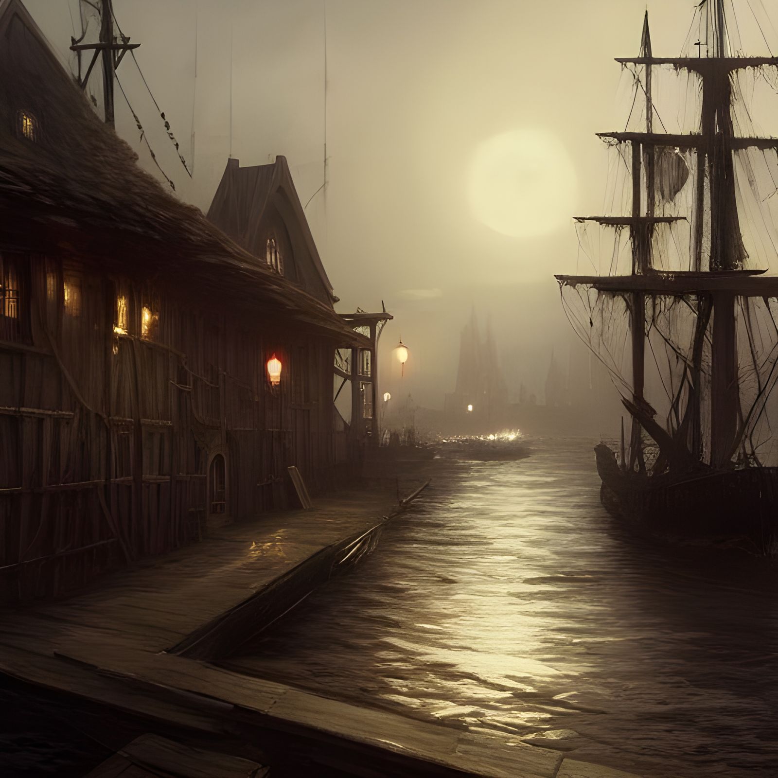 Sinister Medieval Dockside City at Night