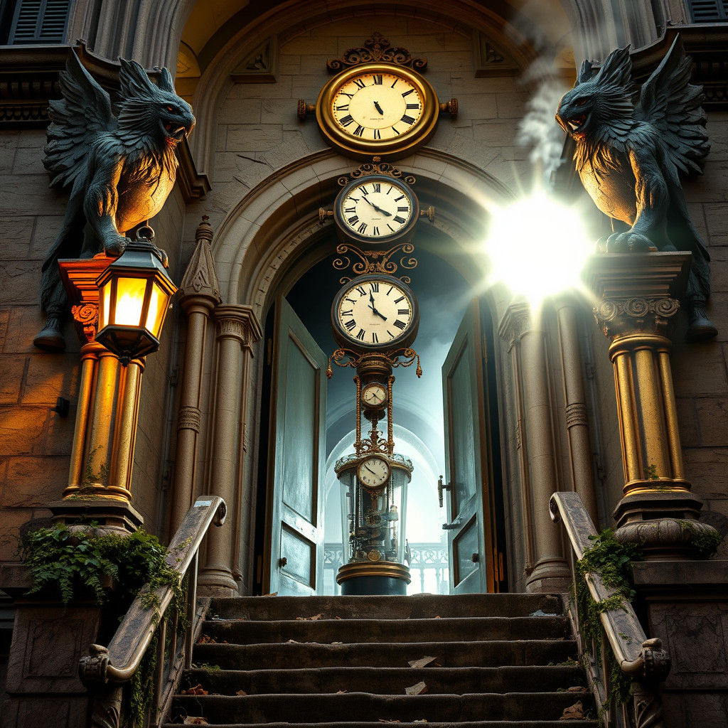 Victorian Museum with Steampunk Engine and Stone Griffins