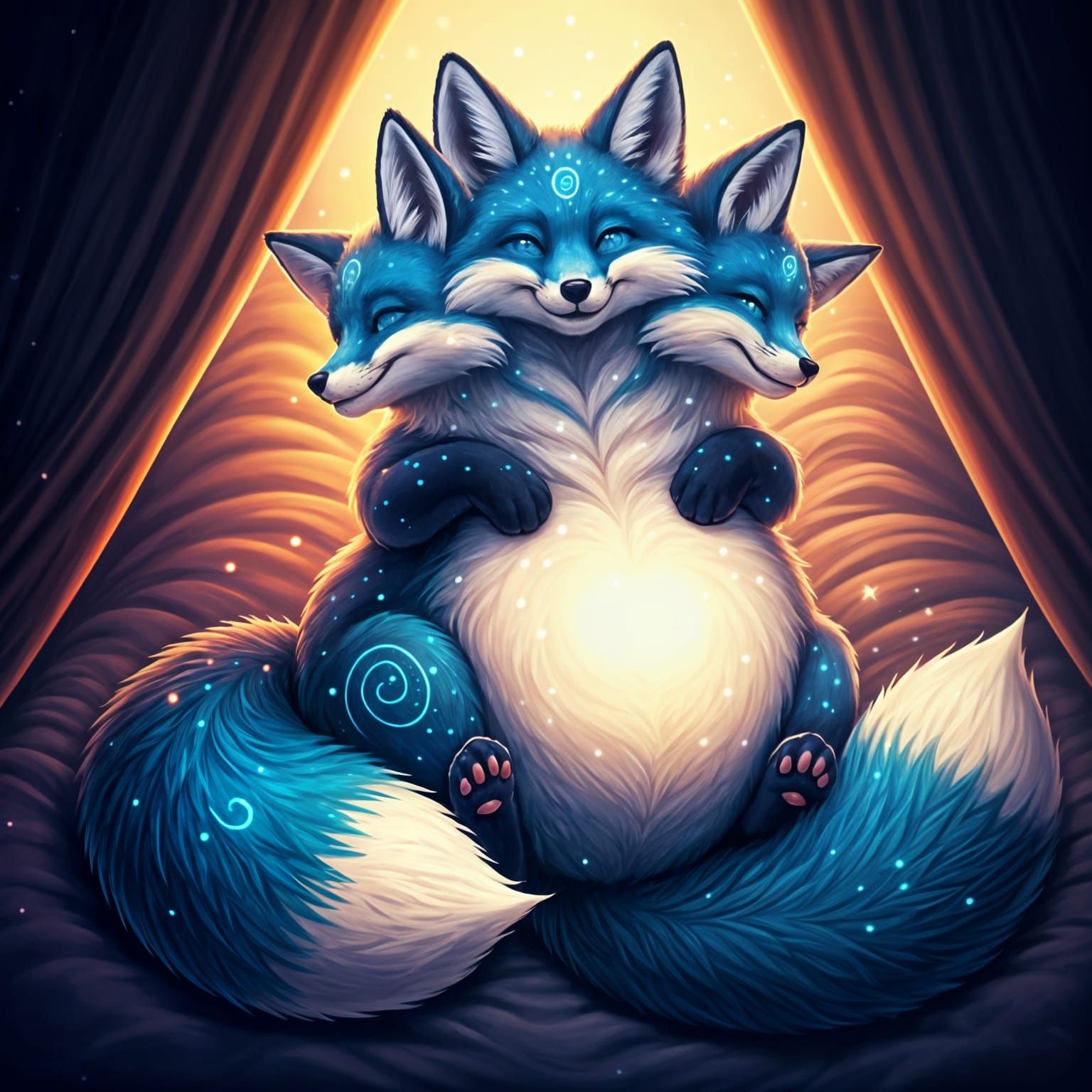 Cosmic Fox Triplets Snuggle in Whimsical Bliss