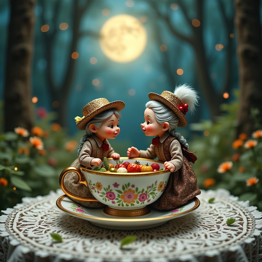 Miniature Victorian Couple's Teacup Picnic, Dreamlike Forest