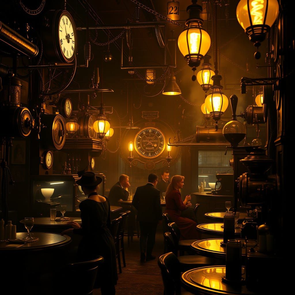Whimsical Steampunk Nighttime Cafe in Golden Glow