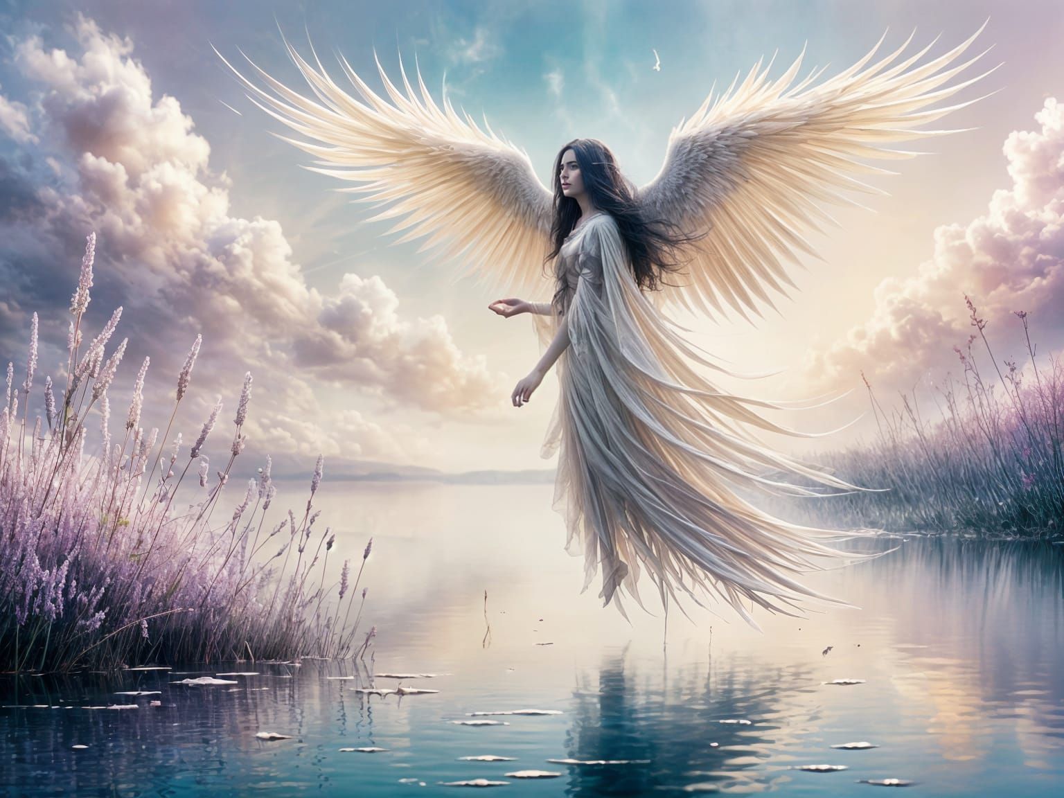 Azrael, Angel of Death, Over Still Lake in Pastel Sky