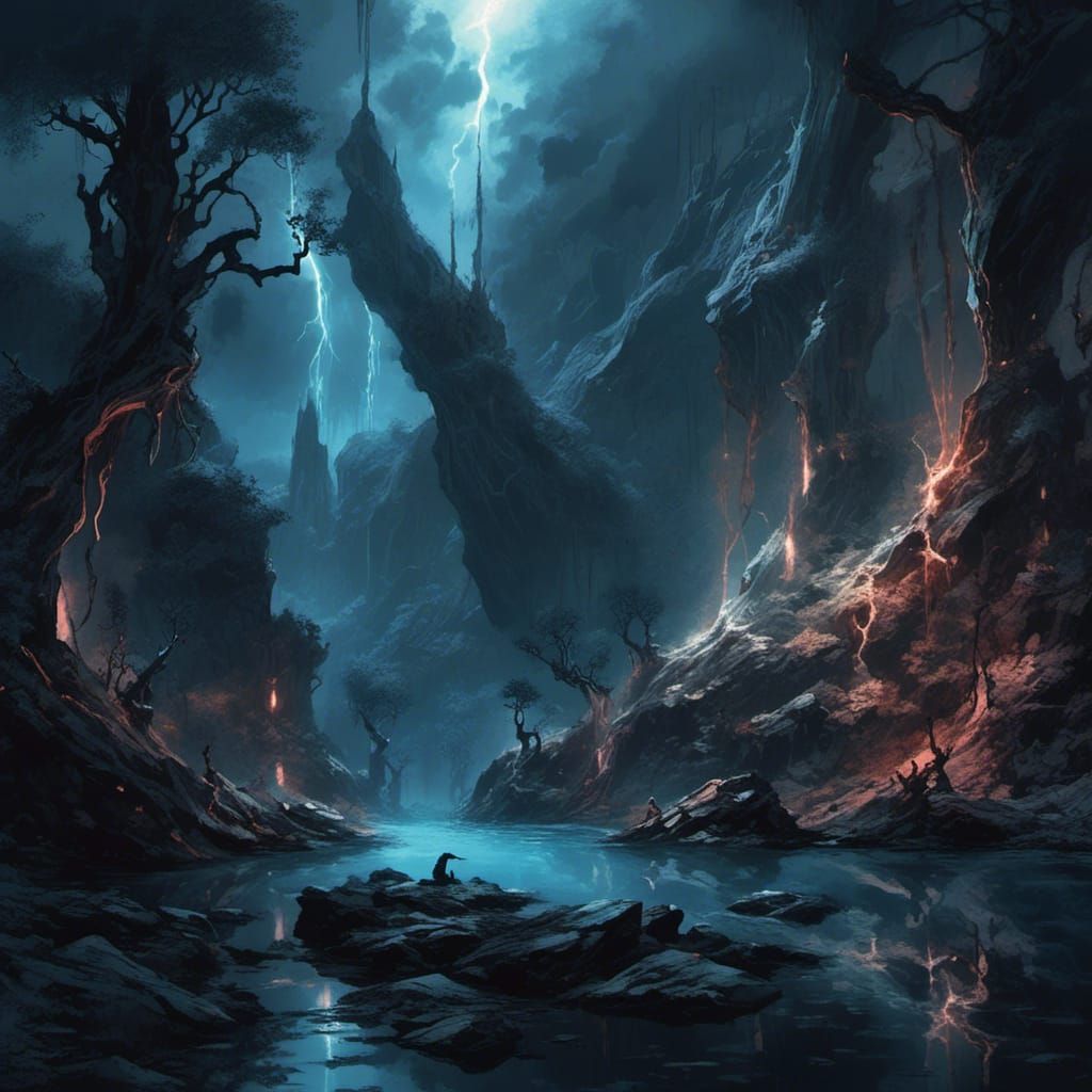 Dark Crystal Valley Under Lightning Sky