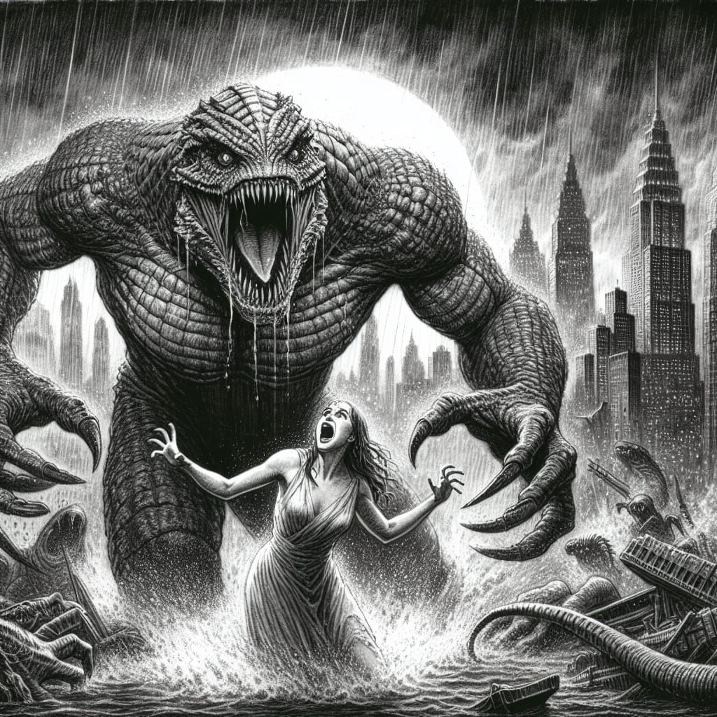 City-Destroying Kaiju and Alien Queen in Gothic Art