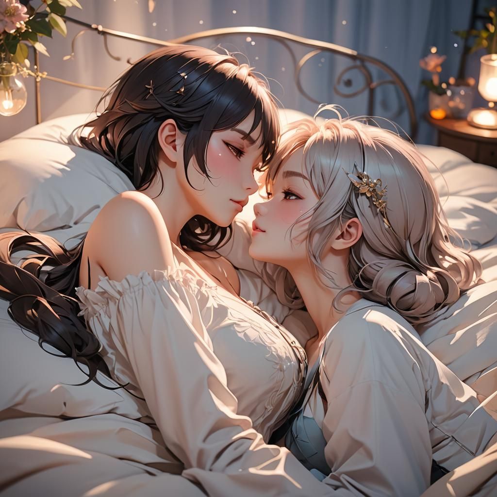 Romantic Anime Girls Kissing in 3D Art