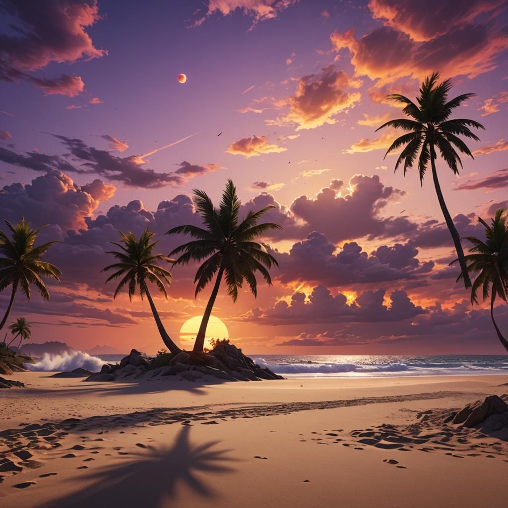 Dragon silhouetted against a Beach Sunset in Fantasy Art