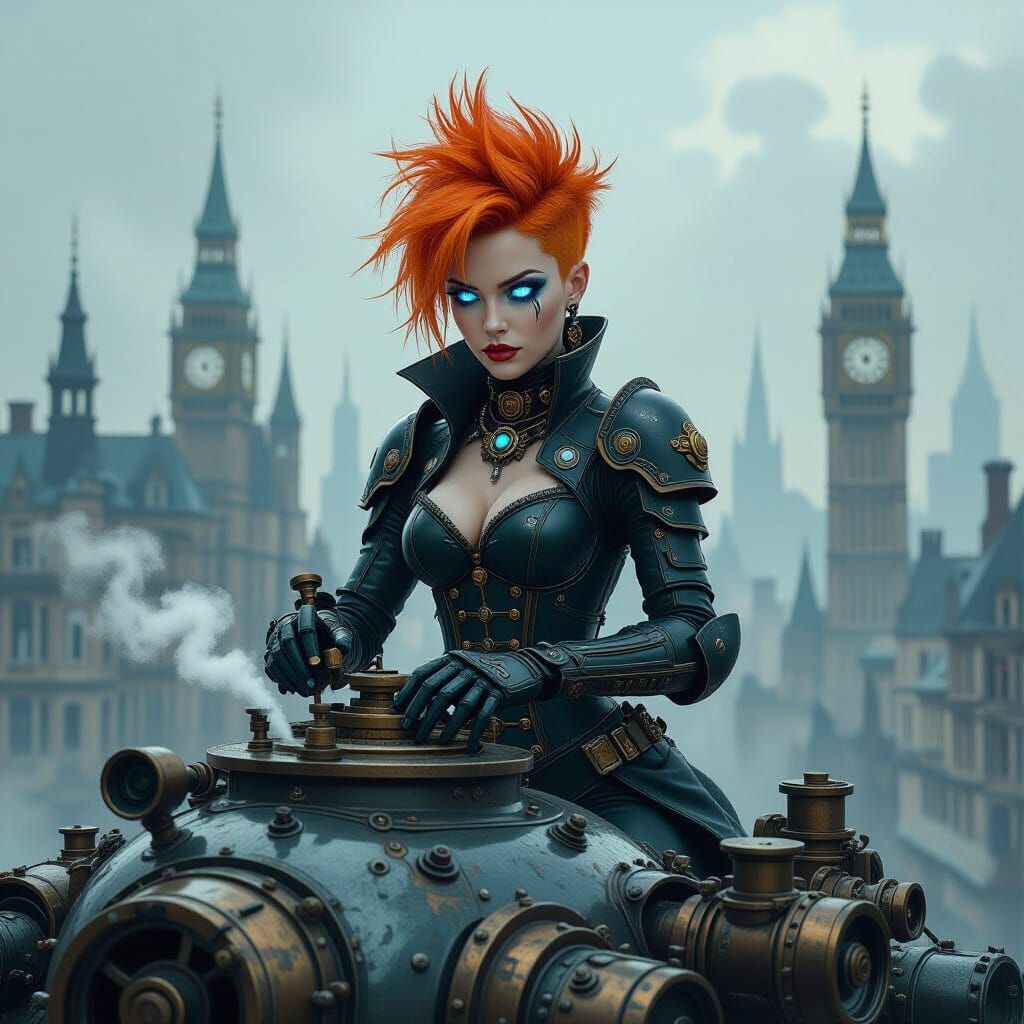 Gothic Android Queen of the Steampunk Cityscape