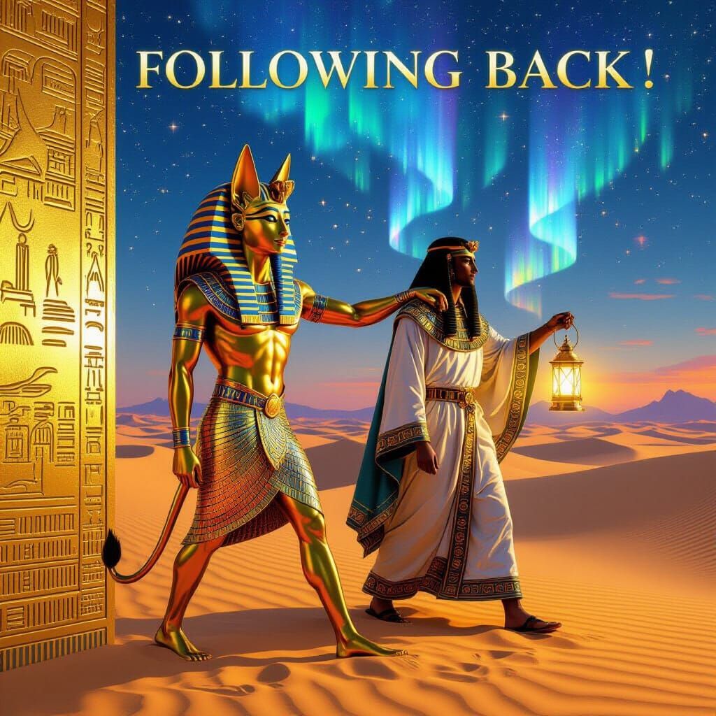 Golden Sphinx Leads Androgyne Through Dreamlike Aurora Deser...