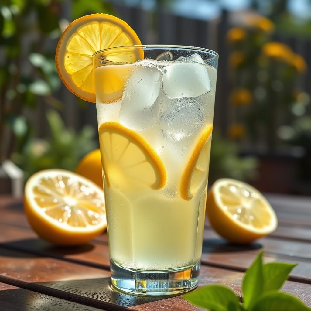 Hyperrealistic Lemonade in Sunny Backyard Setting