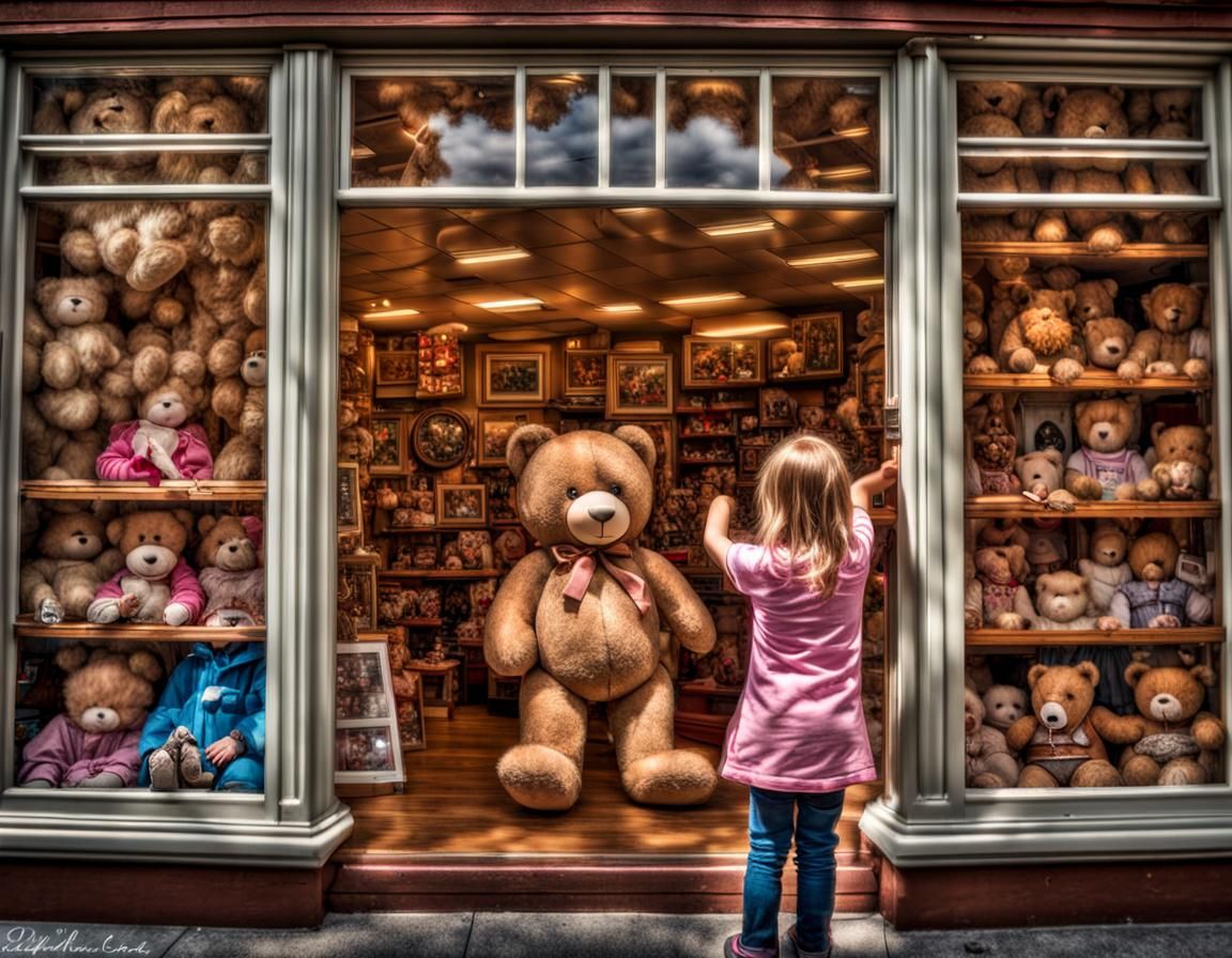 Teddy Bear in Toy Store Window: Hyperrealistic Image