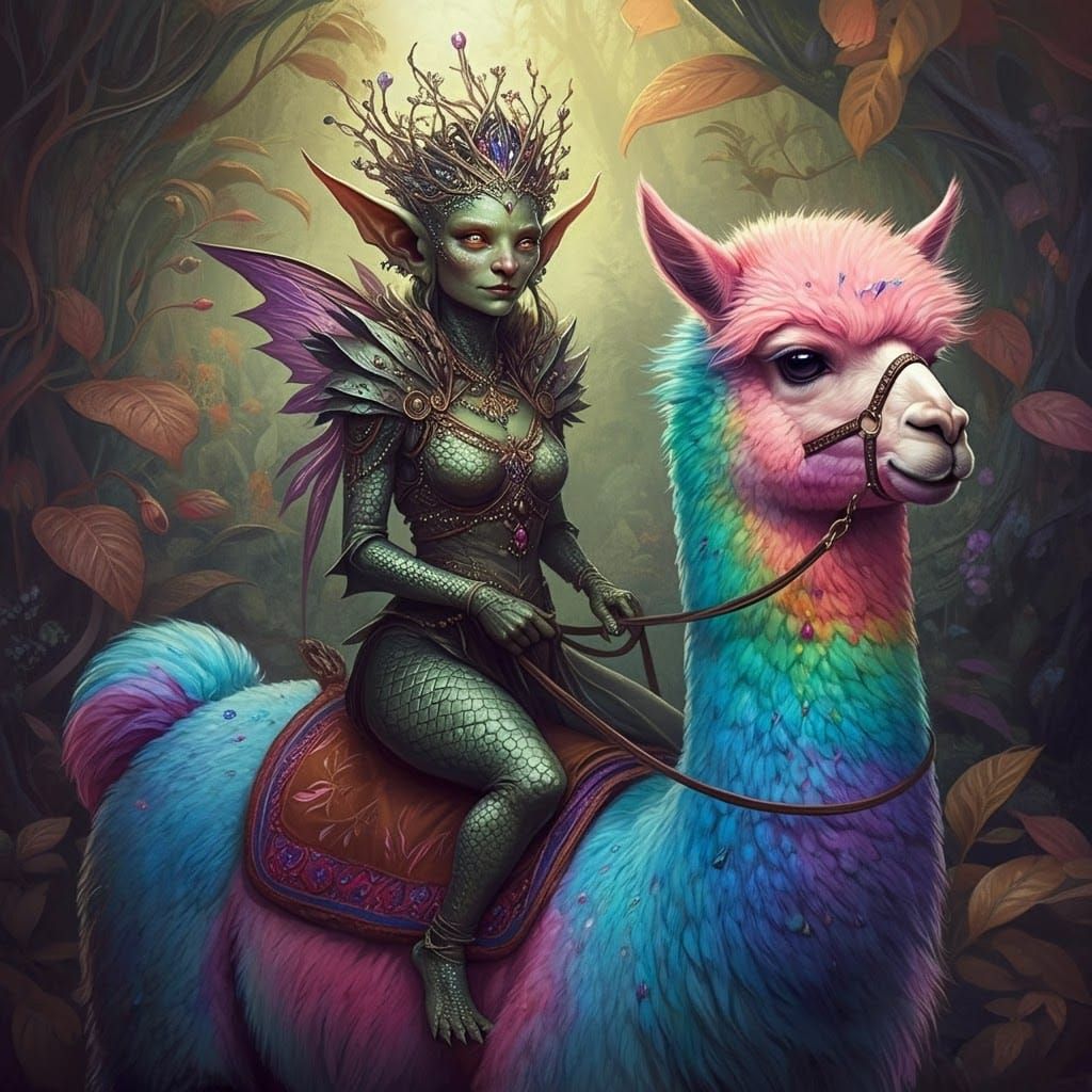 Goblin Queen on Rainbow Alpaca in Fantasy Art Style