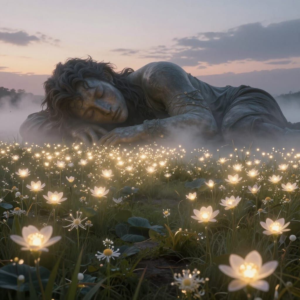 Ancient Giant Sleeps Among Glowing Flowers