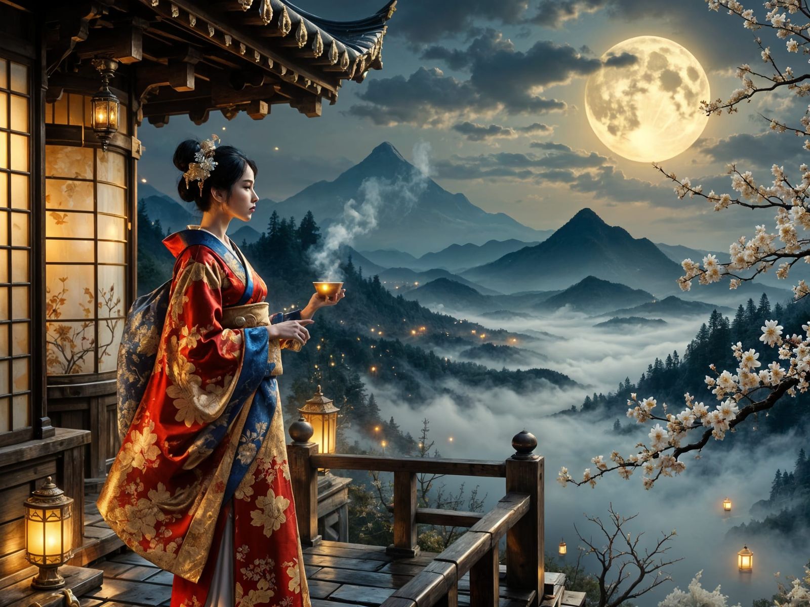 Elegant Geisha in Crimson Kimono Gazes at Full Moon
