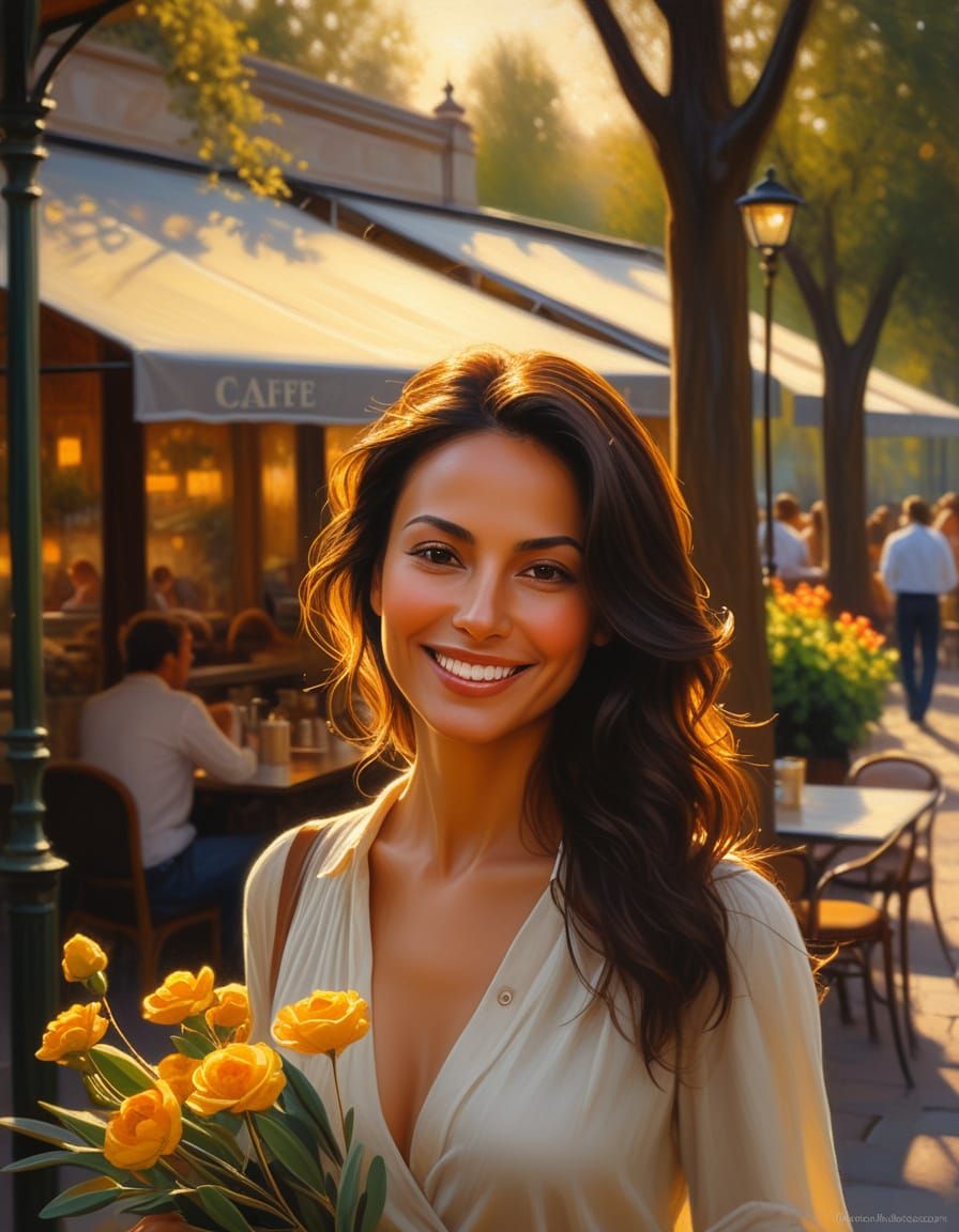 Romantic Realism: Woman in Park at Sunset