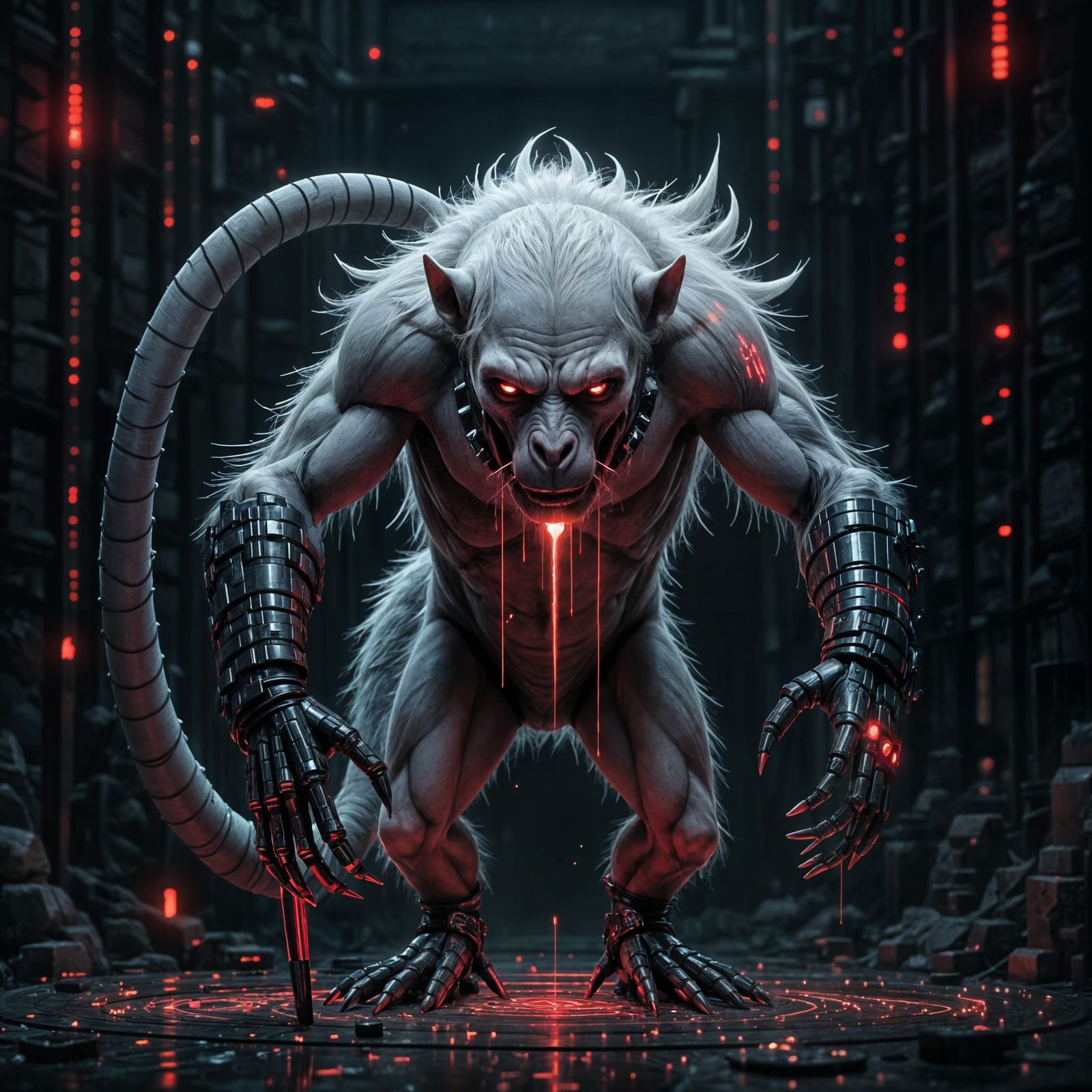 Cyberpunk Data Vampire Ape in Dark Lair