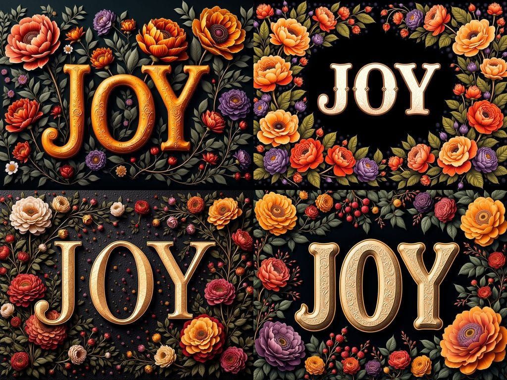 Bold "JOY" Text in Rococo Font Amidst Vibrant Botanicals