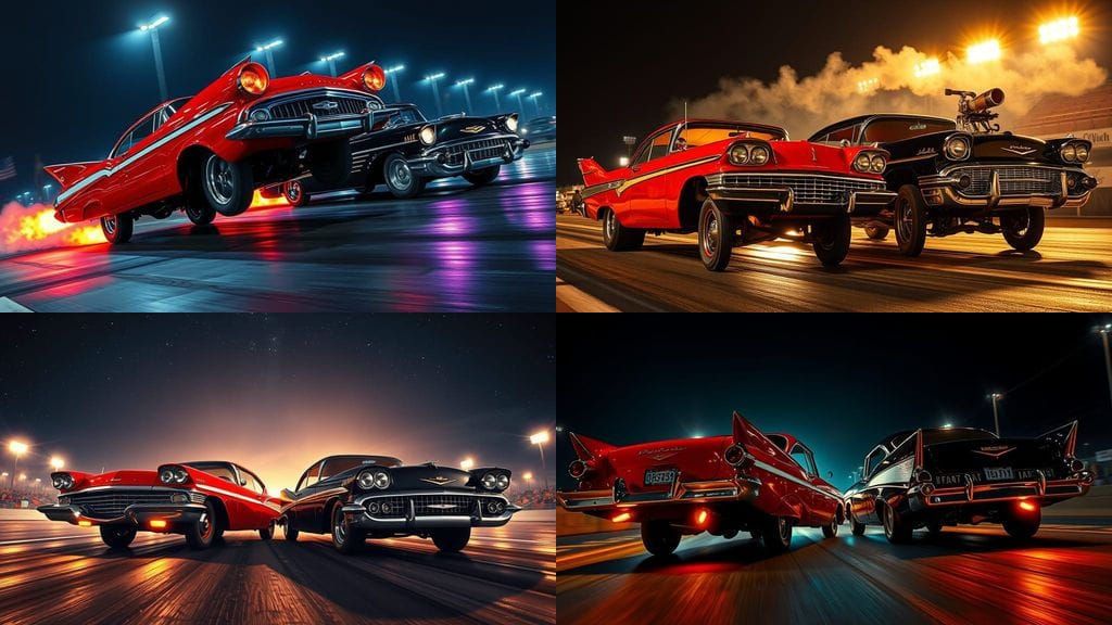 Midnight Drag Strip Showdown: Red Fury and Black Chevy