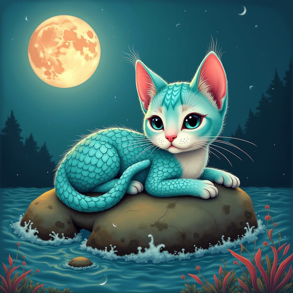 Scaled Cat Lounging Under Moonlight: Surreal Dreamscape