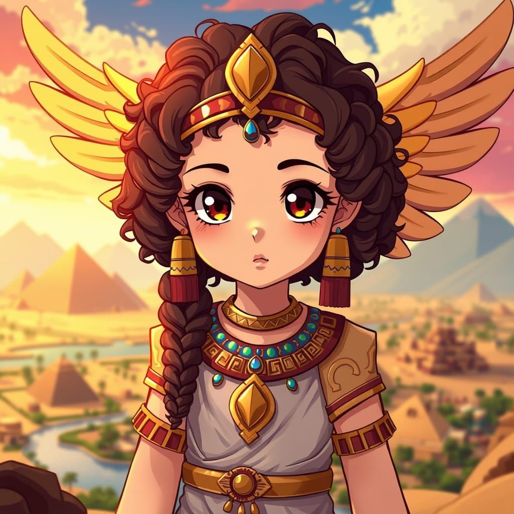 Egyptian Girl with Golden Wings in Anime Style