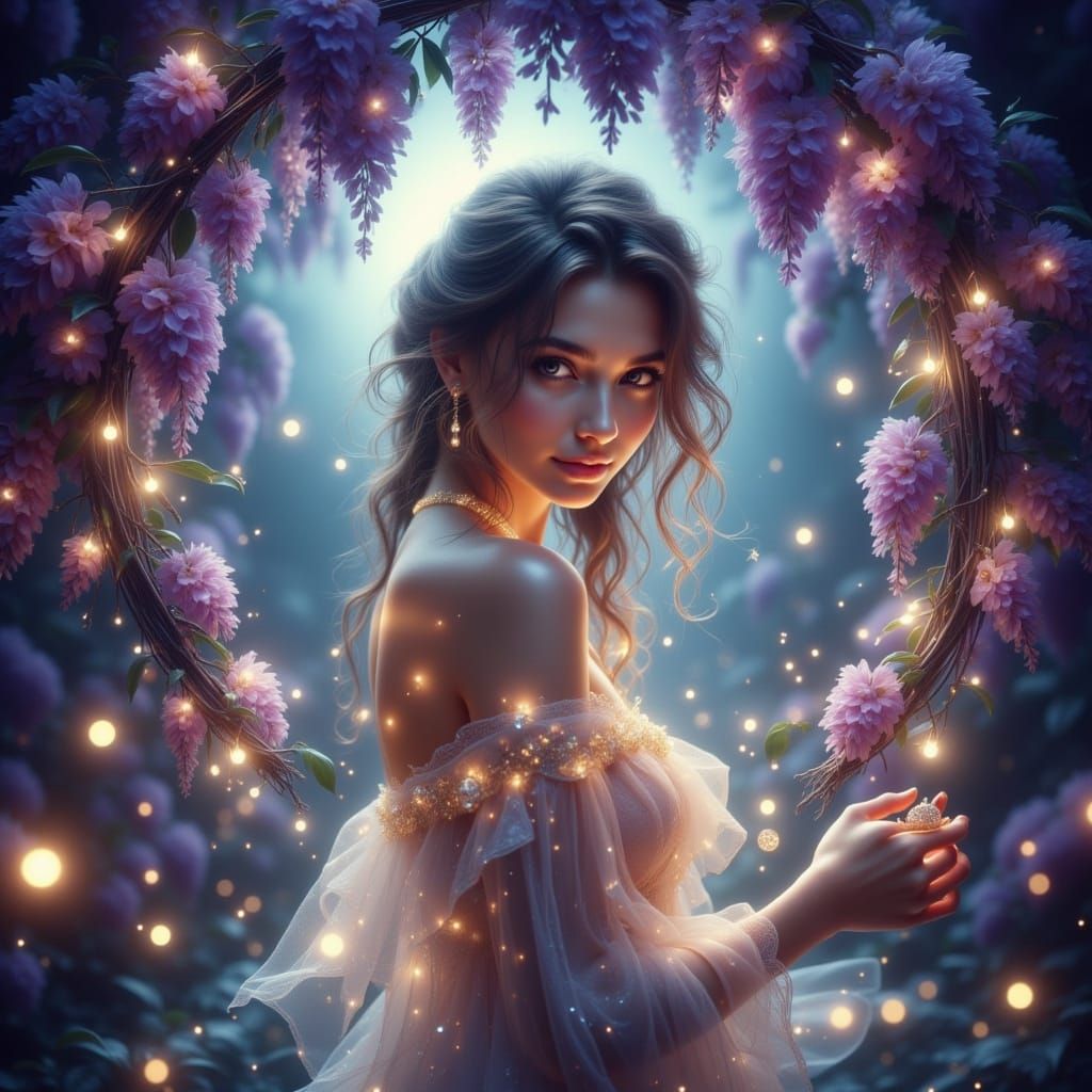 Luminous Woman Under Wisteria Arch in Ethereal Fantasy Art