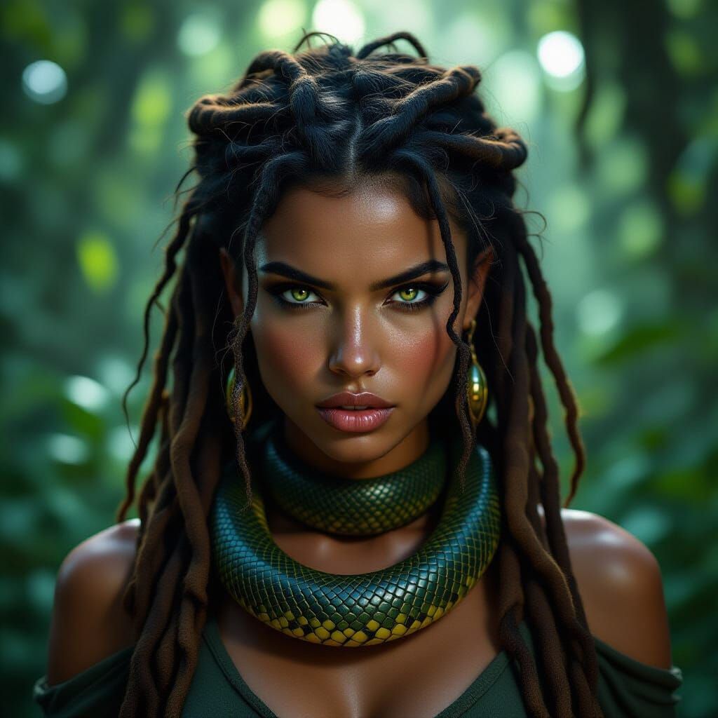 Fierce Forest Woman With Cobra Neckpiece in Dark Fantasy Sty...