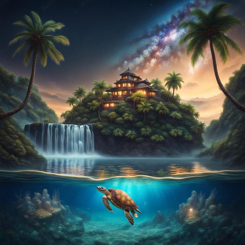 Sea Turtle Island in Night Sky