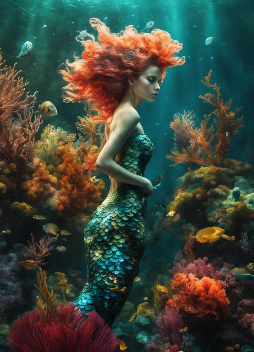 Mythical Mermaid Swimming Underwater in a Fantasy Scene