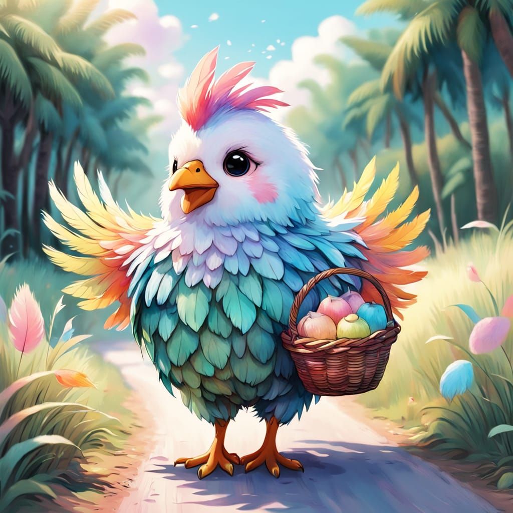 Whimsical Chibi Chick Strolls Down a Country Road