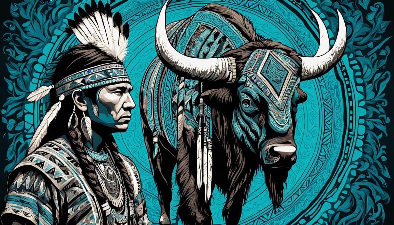 Native American Warrior Beside Majestic Bison in Vibrant Tur...