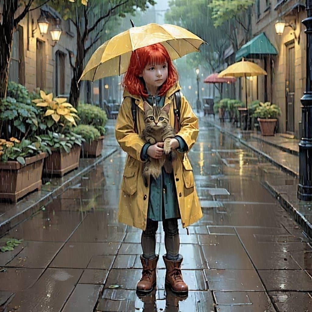 Girl in Yellow Raincoat Cuddles Kitten in Rain