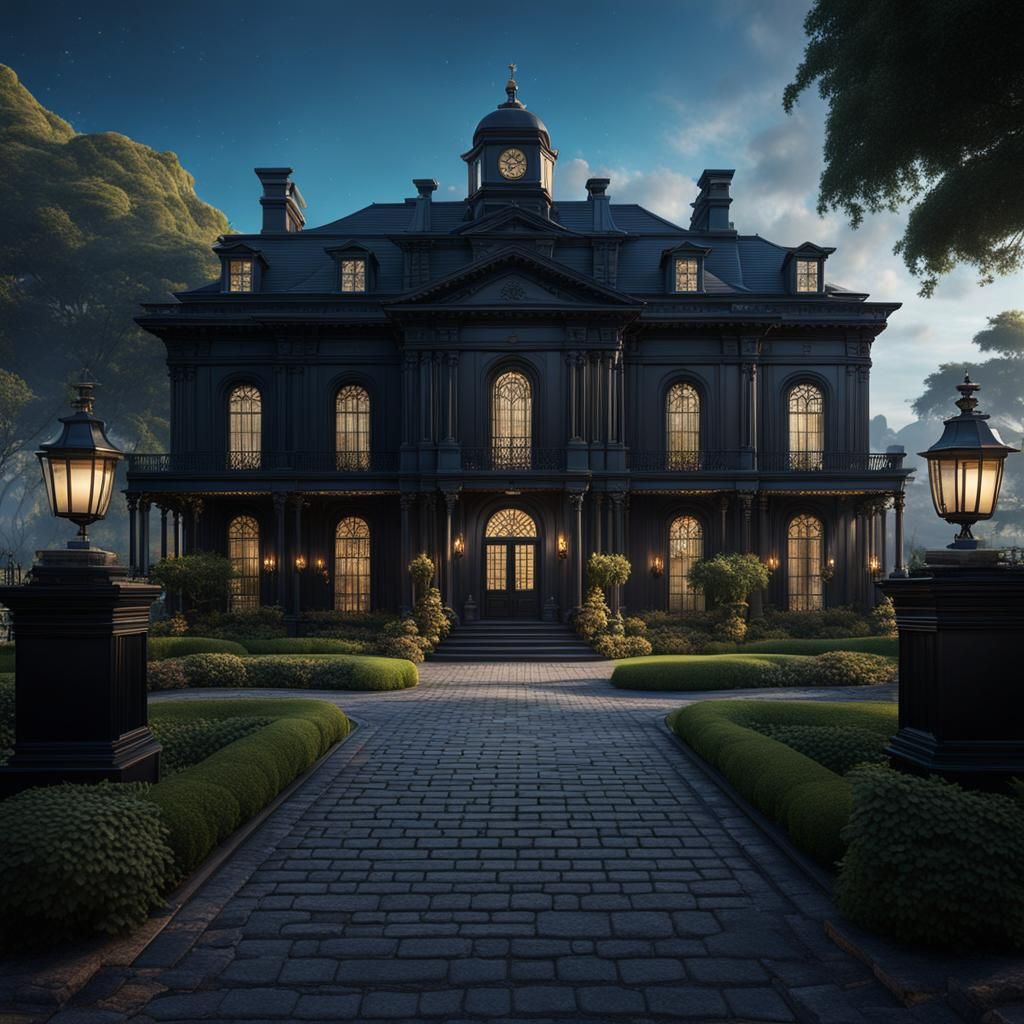 A beautiful colonial grand black mansion with a long gated driveway detailed matte painting, deep color, fantastical, in...