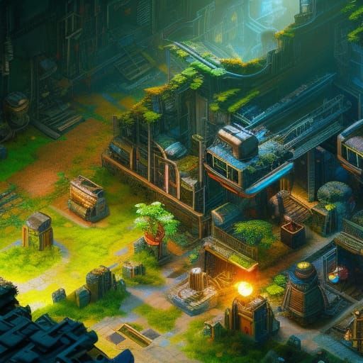 Biopunk Metropolis: Isometric View in Anime Style