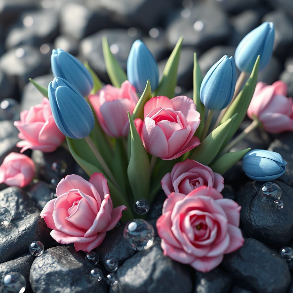 Anime Style Tulips and Roses with Bubbles