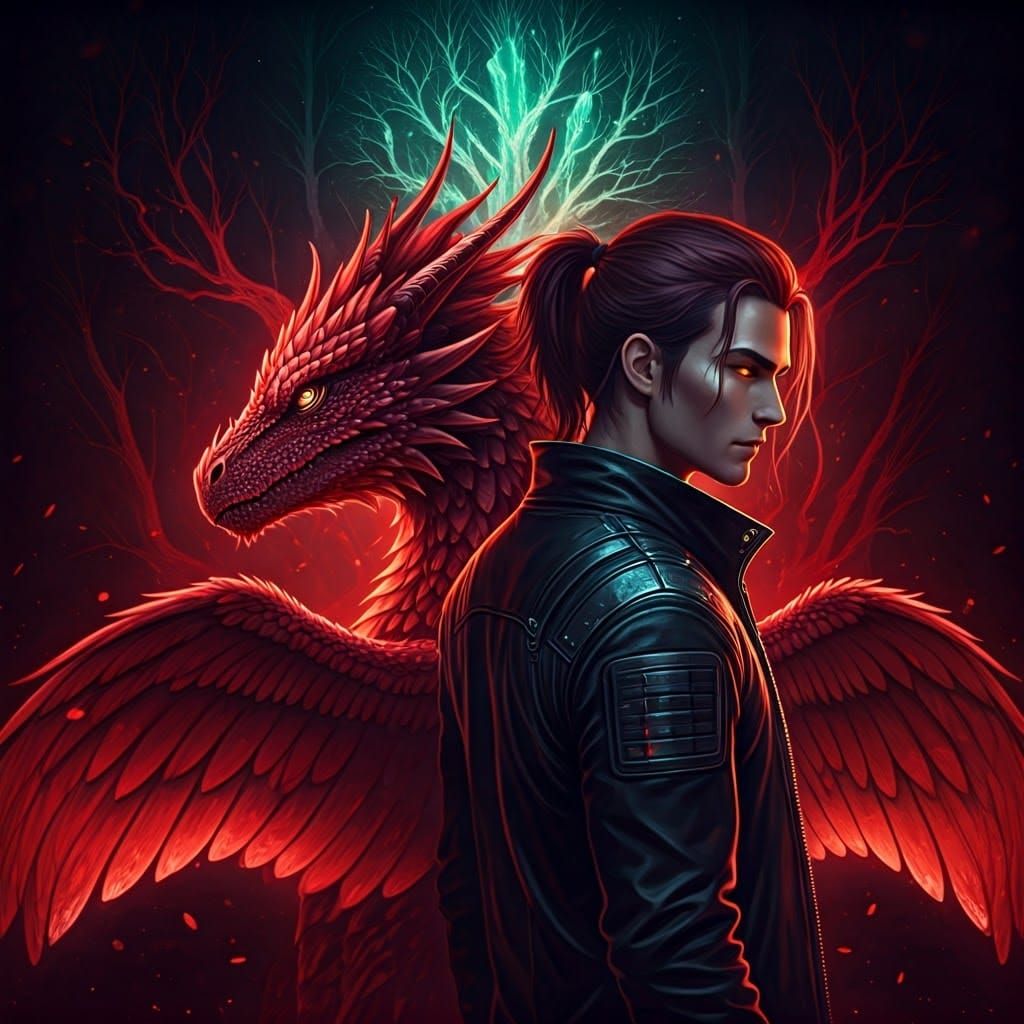 Man and Dragon in Cosmic Dreamscape