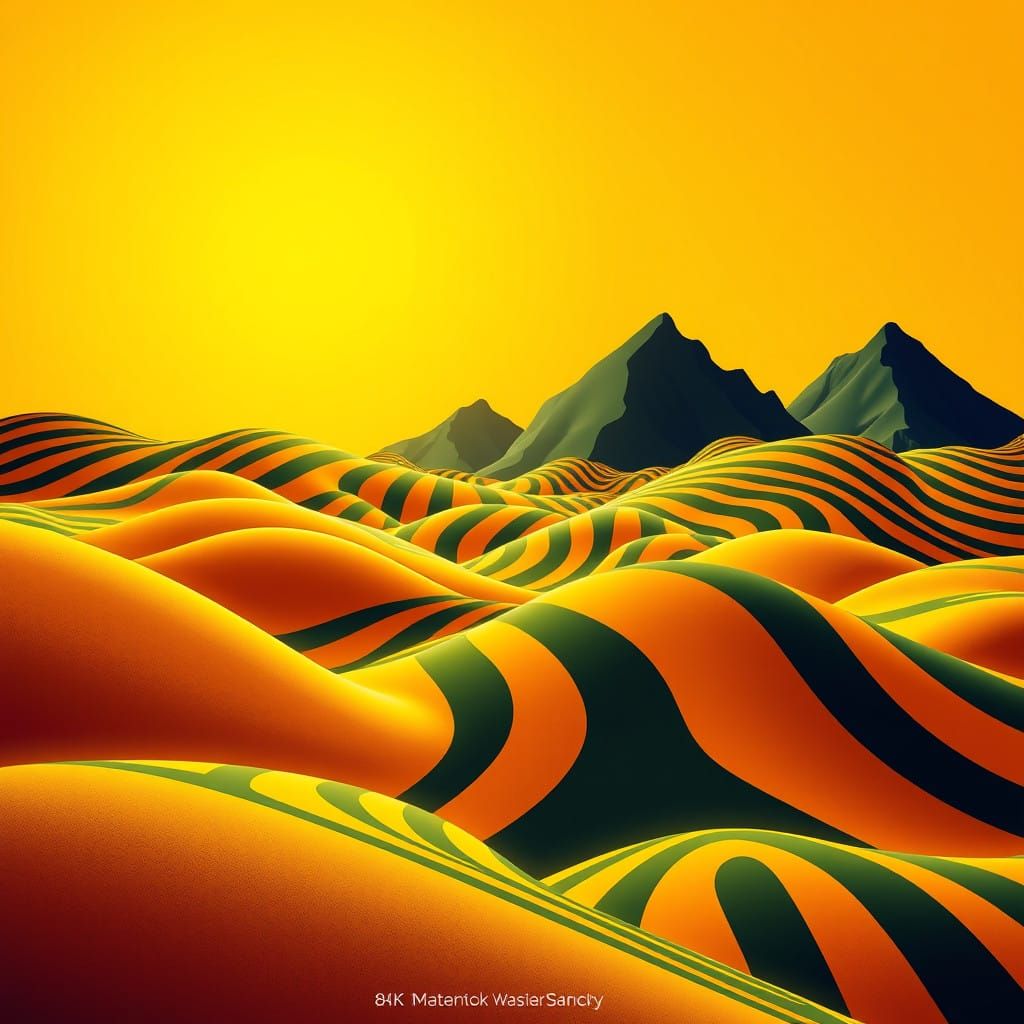 Surreal Yellow and Green Mountains in Op Art Style with Digi...