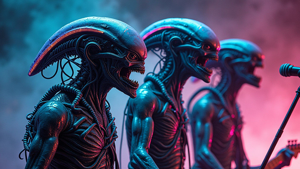 Cyberpunk Horror Xenomorph Hybrid Band in Psychedelic Neurog...