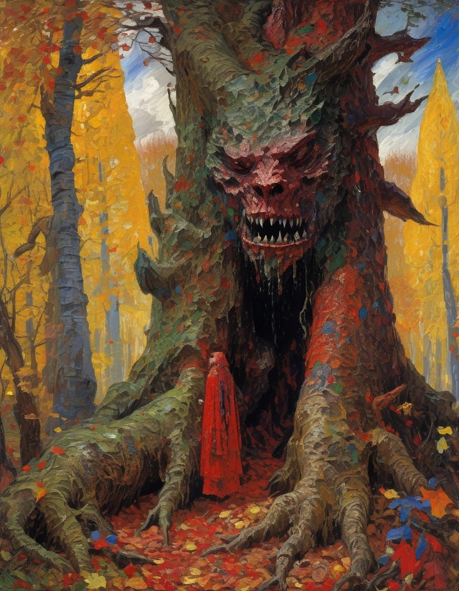 Evil Tree Monster in Autumn Woods as Ultraralistic Painting