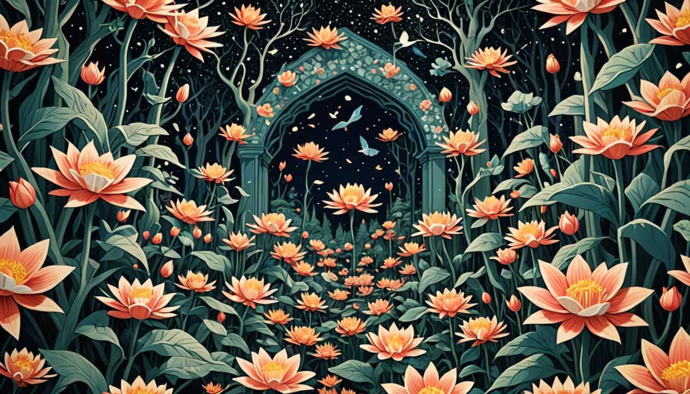 Quantum Origami Gardens in Escher-inspired Ukiyo-e Style